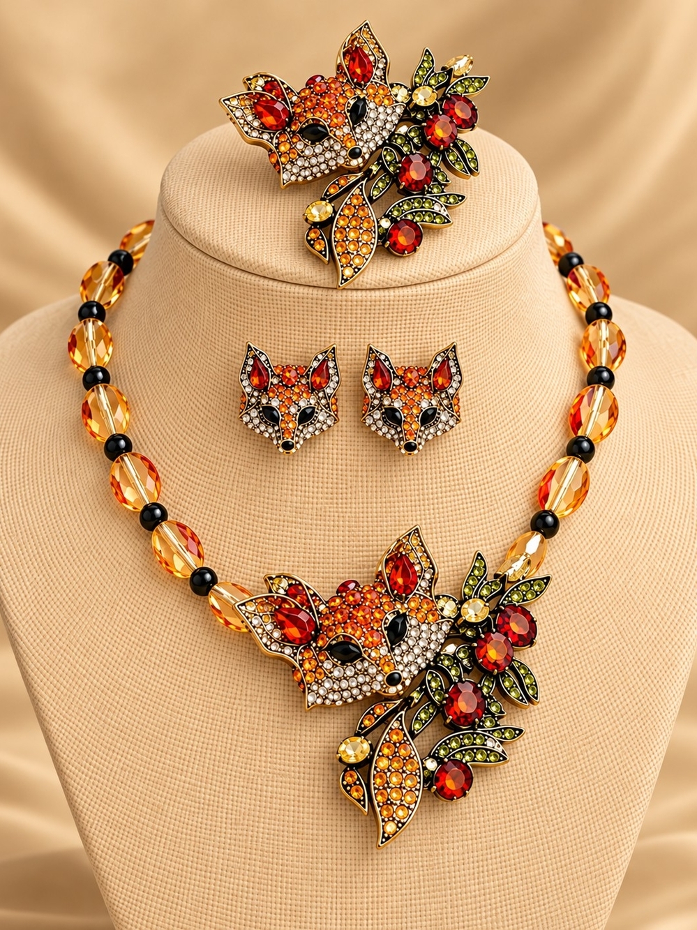 Elegant Orange Fox Crystal Necklace and Earring Set